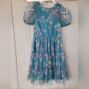 Lilt Teal Floral Mesh Tiered Ruffle Dress
